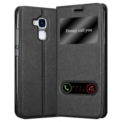 Abbildung von Cadorabo Hülle kompatibel mit Honor 5C Sichtfenster aus Premium Kunst Leder Flip Klappbare Stoßfeste Magnetische [Standfunktion] [Kartenfächern] Cover für Tasche in Schwarz
