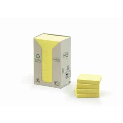 Abbildung von Post it Recycling Notes Kanariengelb, Packung mit 24 Blöcken, 100 Blatt pro Block, 38 mm x 51 mm, Farbe: Gelb Selbstklebende Notizzettel aus 100% Recyclingpapier
