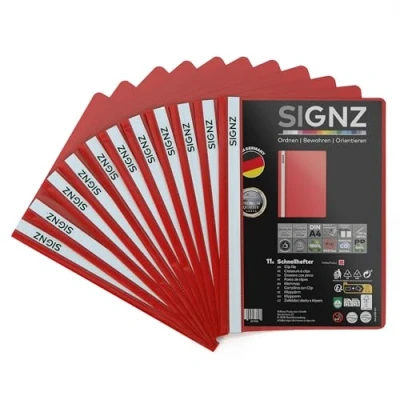 Abbildung von SIGNZ Schnellhefter DIN A4, stabil, 11 Stück, rot, transparenter Deckel, CO2 neutral hergestellt, aus recycelbarem Kunststoff (PP), FSC Mix 70%, made in Germany