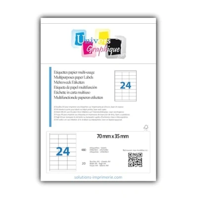 Abbildung von 20 Bogen DIN A4 zu je 24 Etiketten (70 x 35 mm) = 480 bedruckbare Etiketten, permanent haftend, mattweiß. Kompatibel mit allen gängigen Drucksystemen und Softwareprogrammen