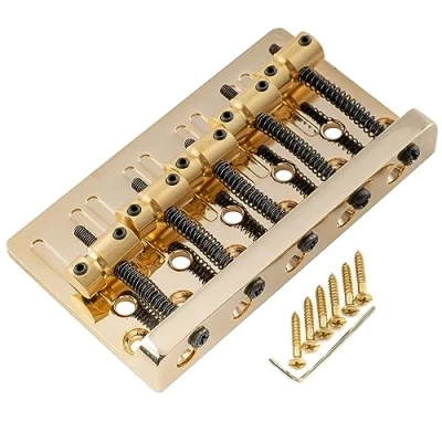 Abbildung von Musiclily Pro 17mm Heavy Duty 5 Saiter Bass Steg Bridge mit Messing Saitenreiter Stahlplatte für Precision/Jazz Bass, Gold