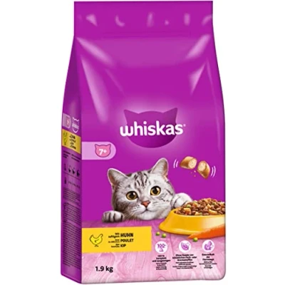 Abbildung von Whiskas Senior 7+ Katzentrockenfutter mit Huhn, 6 Beutel, 6x1,9kg Hochwertiges Trockenfutter für Katzen ab 7 Jahren und älter