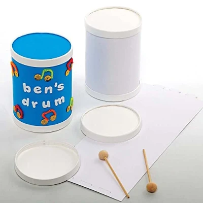 Abbildung von Baker Ross FE624 Mini Trommel Bastelset, 3 Stück, musikalisches Kunst und Bastelset für Kinder, kreieren Sie Ihre eigenen Trommeln