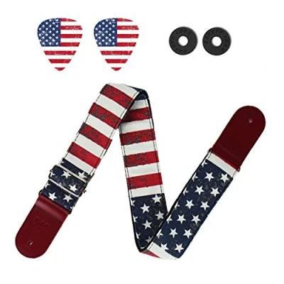 Abbildung von Czzmy Gitarrengurt, Verstellbarer Gitarren Gurt Gitarrenband Guitar Strap mit Lederenden Plektrum Knöpfe Gitarrenhals für E Gitarre Akustikgitarre Bass(1 Amerikanische Flagge)