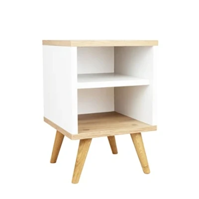 Abbildung von Nachtschrank Weiss Eiche mit Regal Minimalistisch Beistelltisch Holz Seitenschrank Betttisch Nachttisch schmal Nachtkästchen auf Holzbeinen