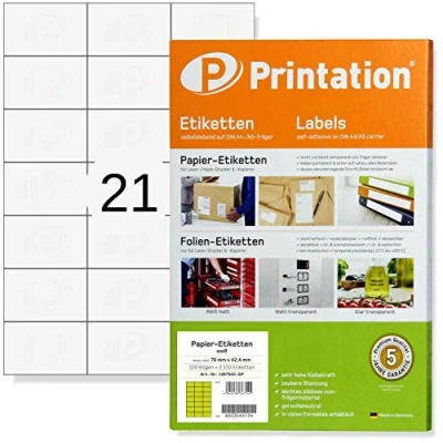 Abbildung von Printation Etiketten Selbstklebend 70 x 42,3 mm 525 Adressetiketten Internetmarke, 21 Pro A4 Bogen, 25 Blatt Adressaufkleber mit Laser/Inkjet/Kopierer bedruckbar, Gefrieretiketten