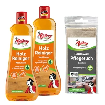 Abbildung von POLIBOY Holz Reiniger Konzentrierter Holzmöbelreiniger für innen und außen 2x 500 ml Mit Baumwolltuch Made in Germany