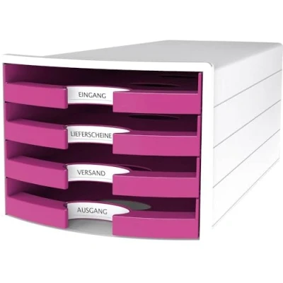 Abbildung von HAN Schubladenbox IMPULS 2.0 mit 4 offenen Schubladen für DIN A4/C4 inkl. Beschriftungsschilder, Auszugsperre, möbelschonende Gummifüße, Design in premium Qualität, 1013 56, weiß / pink