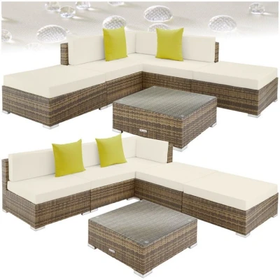 Abbildung von tectake® Aluminium Poly Rattan Lounge, modulares Gartenmöbel Set, großer Outdoor Couch Tisch mit Glasplatte, Sofa Set wetterfest für Garten, Balkon und Terrasse, extra Dicke Polster Natur