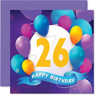 Abbildung von Geburtstagskarte zum 26. Geburtstag für Männer und Frauen Ballon Party Happy Birthday Karten 26 Jahre alte Frau Bruder Schwester Sohn Tochter Tante Onkel Freund Cousin 145 mm x