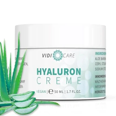 Abbildung von Vidicare Anti Aging Hyaluroncreme 50ml mit Hyaluron, Bio Aloe Vera und Koffein Hochdosierte Hyaluronsäure Falten Tages &amp; Nachtcreme, Gesichtscreme für Augen, Hals, Dekolleté, Made in Germany