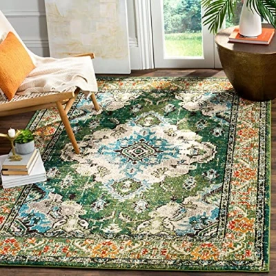Abbildung von SAFAVIEH Boho Teppich für Wohnzimmer, Esszimmer, Schlafzimmer Monaco Collection, Kurzer Flor, Waldgrün und Hellblau, 91 X 152 cm