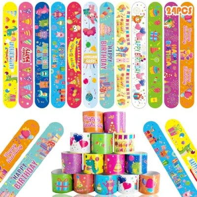 Abbildung von Acuiwer Schnapparmband 24 Stück Geburtstagsthema Slap Armbänder Kindergeburtstag Gastgeschenke Party Bracelet für Kinder Mädchen Jungen