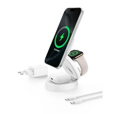 Abbildung von Belkin MagSafe Ladegerät, verstellbare kabellose 3 in 1 Ladestation, Qi2 zertifiziert, kabelloses 15 W Ladegerät für iPhone 16, Apple Watch, AirPods, Rutschfester Sockel, inkl. 36 Netzteil Weiß