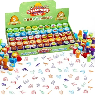 Abbildung von JOYIN 50 Stück dino stempel kinder stempelset, Selbstfärbende Dinosaurier Stampers 5 Farben,50 Designs stempelset ab 2 jahre,kleine geschenke für kinder, mitgebsel gastgeschenke