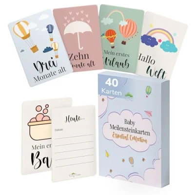 Abbildung von Tiny Trees® 40 Meilensteinkarten Baby Inkl. Geschenkbox für Jungen &amp; Mädchen Babymomentkarten Geschenk zur Babyparty Mama, Eltern Schwangerschaft Deutsch