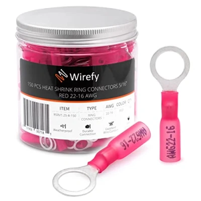 Abbildung von Wirefy Rote Ringkabelschuhe Schrumpfverbinder M8 Lötfreie Kabelschuhe Sortiment Ringkabelschuh Quetschverbinder 0,5 1,5 mm² 150 Stück