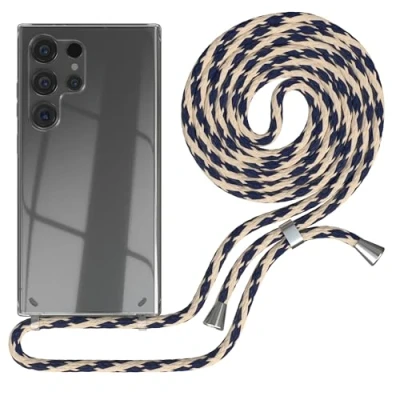 Abbildung von EAZY CASE Handykette kompatibel mit Samsung Galaxy S24 Ultra Kette zum Umhängen für Hülle Band aus Silikon stoßfeste transparente Handyhülle Taupe Camouflage Clips Silber