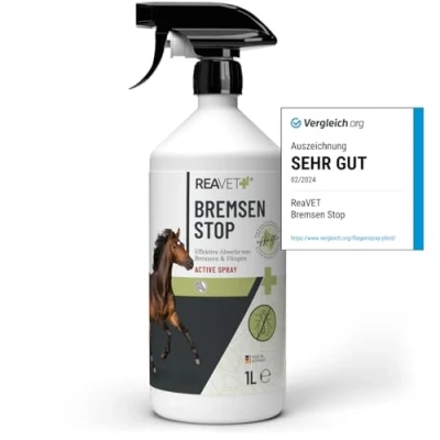 Abbildung von TESTURTEIL SEHR GUT ReaVET Bremsen Stop **TESTSIEGER** Fliegenspray Pferde 1L mit pflegender AloeVera, Insektenspray Sofortschutz &amp; Pferdepflege, Bremsenspray Bremsenblocker gegen Fliegen