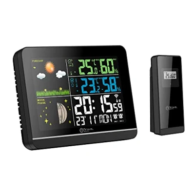 Abbildung von Miraval Klimamesser Wetterstation Farbdisplay, Außensensor Schimmelwarner Datumsanzeige Mondphase Frostalarm Wecker