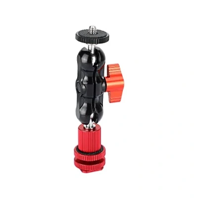 Abbildung von SZRIG 360 drehbarer Kugelkopfhalter mit 6,35 mm (1/4 Zoll) 20 Schraubbefestigung + Kamera Blitzschuh Halterung für DSLR Monitor (rot)