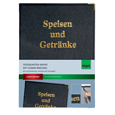 Abbildung von SIGEL SM100 Speisekarten Mappe für A4, Menükarte, Gummi Bindung, schwarz mit Goldprägung, strapazierfähig und leicht abwischbar