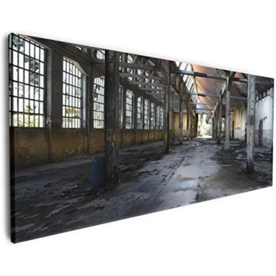 Abbildung von Wallario XXL Leinwandbild Alte Industriehalle leerstehend und einsam Wandbild 60 x 150 cm Brillante lichtechte Farben, hochauflösend, verzugsfrei, Kunstdruck