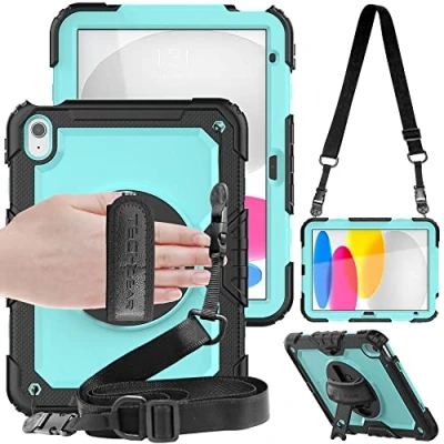 Abbildung von TECHGEAR Utility iPad 10 Generation 2022 hülle (10,9 Zoll) Robust Heavy Duty Stoßfeste Schutzhülle mit 360 Grad Schwenk ständer, stifthalter, Hand &amp; Schulter Gurt, Eingebaut schutzfolie Aqua