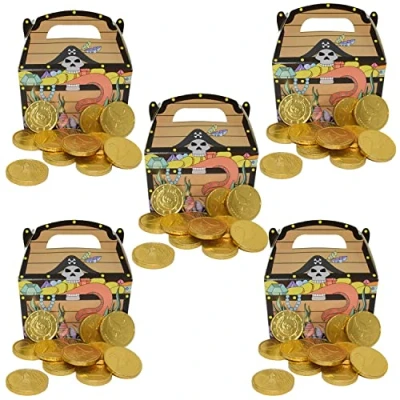 Abbildung von 5x 100g Goldmünzen aus Milchschokolade plus Piraten Schatzkiste Karton I Ideal als Mitgebsel und für Kindergeburtstage (5 x + 5 Piratenbox)