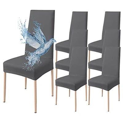 Abbildung von Poligino Stuhlhussen 6er Set Wasserdicht Stretch Universale Weich und Bequem, Stuhlbezug für Haus, Küche, Hochzeit, Restaurant, Party, Hotel, Zeremonie, Bankett Dunkelgrau