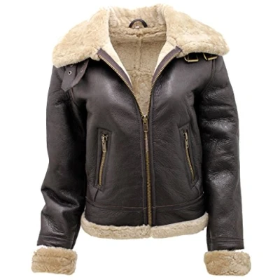 Abbildung von Frauen braun B3 WW2 Ingwer Wirklich dick Schaffell Leder Fliegende Jacke 4XL