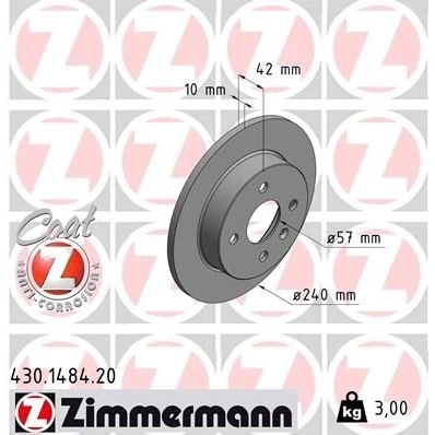 Abbildung von ZIMMERMANN COAT Z 430.1484.20 Bremsscheibe 240 10 5/4 4 100 voll beschichtet hochgekohlt OPEL: Astra H Schrägheck, G CC, Caravan