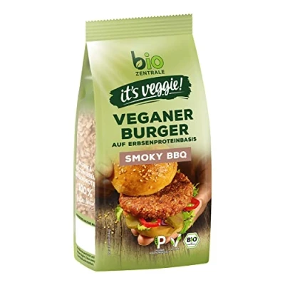 Abbildung von biozentrale Veganer Burger Smoky BBQ 170 g ca. 4 Burger, vegane Fleisch Alternative aus Erbsenprotein, hoher Proteingehalt, ohne Soja, zum Braten und Grillen