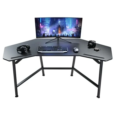 Abbildung von EUREKA ERGONOMIC Gaming Tisch 160x74 cm Groß Schreibtisch in Flügelform PC Computertisch mit 2 iPad Steckplätze für Home Office Studio Live Streaming