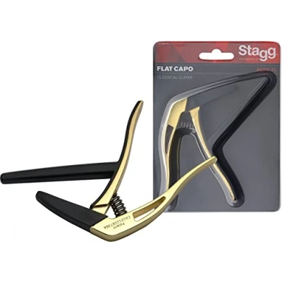 Abbildung von Stagg 19163 flacher Trigger Kapodaster mit Gummiauflagen für Konzertgitarre gold