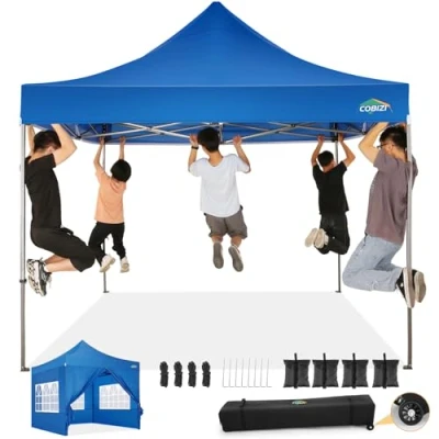 Abbildung von COBIZI pavillon 3x3 wasserdicht stabil Winterfest, faltpavillon Outdoor faltbar partyzelt，pop up klappbar gartenpavillon mit 4 Seitenteilen und Laufradtasche, Blau （420D Oxford Plane）