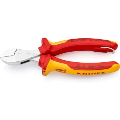 Abbildung von KNIPEX X Cut Kompakt Seitenschneider isoliert mit Mehrkomponenten Hüllen, VDE geprüft; integrierter isolierter Befestigungsöse zum Anbringen einer Absturzsicherung verchromt 160 mm 73 06 T BK
