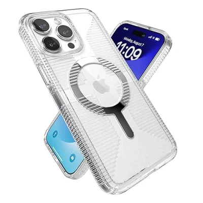 Abbildung von Speck Transparente Schutzhülle für iPhone 15 Pro Max Schlank, gebaut MagSafe, Fallschutzgriff Kratzfest, vergilbungsfrei, 16,7 cm (6,7 Zoll) GemShell Grip Clear