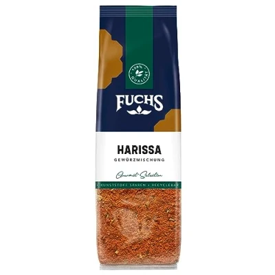 Abbildung von Fuchs Gewürze Harissa Gewürzmischung im recyclebaren Nachfüllbeutel, zum Würzen von Reisgerichten, Couscous, Saucen und Suppen 60 g