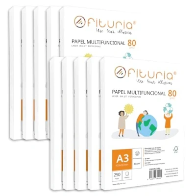 Abbildung von Packung mit 80 g A3 Blättern, 2500 Blatt, weißes Multifunktionspapier für Schule und Laborals, ideal Laserdrucker, Tintenstrahldrucker oder Kopierer Ofituria