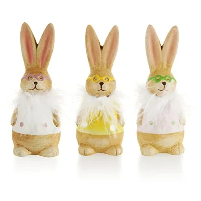 Abbildung von com four® 3X Deko Aufsteller für Ostern, Bunte Osterhasen mit Brille, Osterdeko zum Hinstellen, Osterdekoration aus Keramik (3 Stück 14 cm Brille)