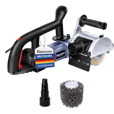 Abbildung von FANZWORK V2 1500 Watt Satiniermaschine Schleifmaschine Bürstenschleifgerät zur Renovierung von Oberflächen, mit Staubsaugung Anschluss, Drehzahlregelung, Kugelgriff, Messing &amp; Nylon Bürste