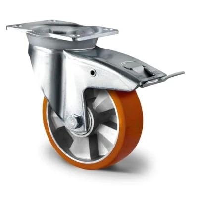 Abbildung von Abrollwerk Schwerlast Lenkrolle mit Feststeller, Aluminiumfelge, Polyurethan, Durchmesser 125 mm, Schwerlast, Doppelkugellager, dynamische Traglast 400 kg (Lenkrolle Feststeller)