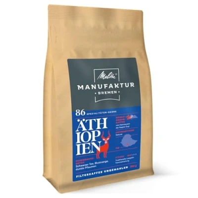 Abbildung von Melitta Manufaktur Kaffee Äthiopien, Spezialitäten Kaffee, 250g, Filterkaffee ungemahlen, Single Origin sanfte Trommelröstung, geröstet in Deutschland, Stärke 2