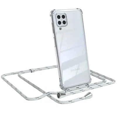 Abbildung von EAZY CASE Handykette kompatibel mit Samsung Galaxy M22 / M32 A22 4G Handyhülle Umhängeband, Handykordel Schutzhülle, Silikonhülle, Hülle Band, Stylische Kette, Weiß/Silber