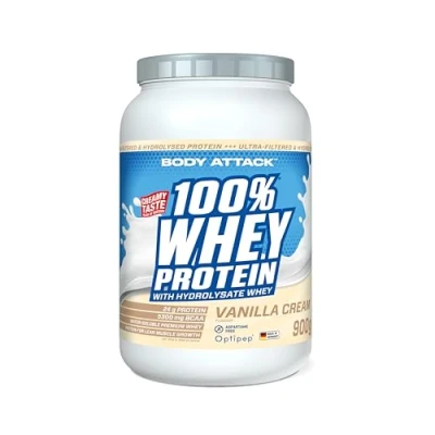 Abbildung von Body Attack 100% Whey Protein Vanilla, 900 g Made in Germany extra cremiges Eiweißpulver mit Hydrolysat und BCAA&#039;s, unterstützt Muskelaufbau Diäten, für alle Sportler &amp; Athleten