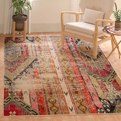 Abbildung von SAFAVIEH Boho Teppich für Wohnzimmer, Esszimmer, Schlafzimmer Monaco Collection, Kurzer Flor, Hellgrau und Multi, 91 X 152 cm