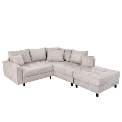 Abbildung von riess ambiente Ecksofa KENT 220cm greige, Set 2 Teile, Wohnzimmer · Couch Bouclé Bezug Federkern inkl. Hocker Design