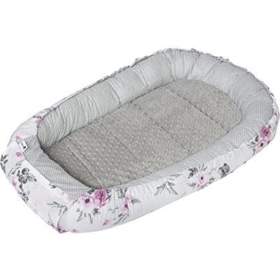 Abbildung von Medi Partners Babynest Kuschelnest Babynestchen 100% Baumwolle Nestchen Reisebett für Babys Säuglinge 100x60x15cm herausnehmbarer Einsatz(Traumfänger und Blument mit grauen Minky)