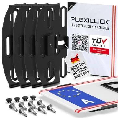 Abbildung von PLEXICLICK® Österreich Kennzeichenhalter Rahmenlos unsichtbar Rahmenlose Kennzeichenhalterung Nummernschildhalter Schwarz Fahrzeugpflege Wechselkennzeichen Auto
